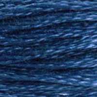 A close-up view of embroidery thread skeins, held taught horizontally. The shade is a beautiful medium dark shade of true blue, like underwater on a reef at night