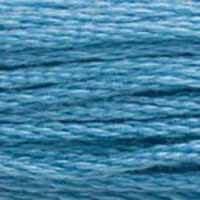 A close-up view of embroidery thread skeins, held taught horizontally. The shade is a pretty soft medium light shade of true blue, like a tropical bay in the early morning sun