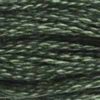 A close-up view of embroidery thread skeins, held taught horizontally. The shade is a deep dark green shade with grey overtones, like the pools of a peat bog