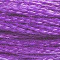 A close-up view of embroidery thread skeins, held taught horizontally. The shade is a medium dark shade of true purple, one of the most commonly used colours. Like a pansy bloom in high summer.