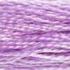 A close-up view of embroidery thread skeins, held taught horizontally. The shade is a soft, light shade of true purple, one of the most commonly used colours. Like lilac flowers in the sunshine.