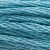 A close-up view of embroidery thread skeins, held taught horizontally. The shade is a medium blue with undertones of green, like a perfectly maintained pool.