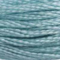 A close-up view of embroidery thread skeins, held taught horizontally. The shade is a light blue with undertones of greenish grey, like a bay before a storm