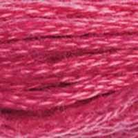 A close-up view of embroidery thread skeins, held taught horizontally. The shade is a pretty medium bright pink shade. One of my personal favourites!