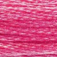 A close-up view of embroidery thread skeins, held taught horizontally. The shade is a pretty medium light bright pink shade. One of my personal favourites!