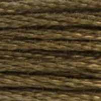 A close-up view of embroidery thread skeins, held taught horizontally. The shade is a medium dark neutral Brown with very slight greyish undertones, the colour of mud