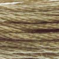 A close-up view of embroidery thread skeins, held taught horizontally. The shade is a  medium light neutral Brown with very slight greyish undertones, the colour of an old fallen tree branch.
