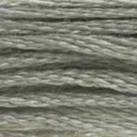 A close-up view of embroidery thread skeins, held taught horizontally. The shade is a medium shade of true grey, like an old sword not quite gone to rust