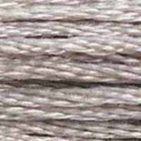 A close-up view of embroidery thread skeins, held taught horizontally. The shade is a medium light shade of true grey, one of the most commonly used colours