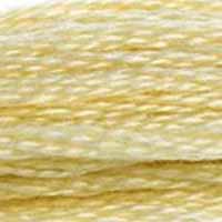 A close-up view of embroidery thread skeins, held taught horizontally. The shade is a light yellow-tan, one of the most used colours, like sunshine on a day of perfect weather