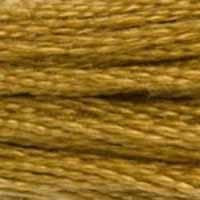 A close-up view of embroidery thread skeins, held taught horizontally. The shade is a medium dark golden brownish yellow, like the top crust of an apple pie