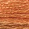 A close-up view of embroidery thread skeins, held taught horizontally. The shade is a medium light, warm orange, like roasted pumpkin
