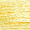 A close-up view of embroidery thread skeins, held taught horizontally. The shade is a very light lemon yellow, like lemon-drop candy
