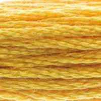 A close-up view of embroidery thread skeins, held taught horizontally. The shade is a medium sunny yellow, like a dandelion at the height of summer