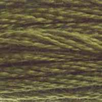 A close-up view of embroidery thread skeins, held taught horizontally. The shade is a deep green with a hint of brown, like straw set aside to dry