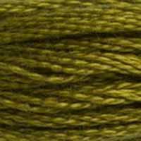 A close-up view of embroidery thread skeins, held taught horizontally. The shade is a medium dark green with a hint of brown, like a pickled green olive