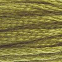 A close-up view of embroidery thread skeins, held taught horizontally. The shade is a medium pretty green, not too bright, like a meadow going to seed
