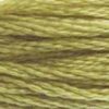A close-up view of embroidery thread skeins, held taught horizontally. The shade is a medium pretty green, not too bright, like olive oil