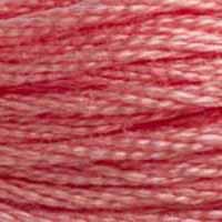 A close-up view of embroidery thread skeins, held taught horizontally. The shade is a medium pink with slight orangish undertones, like tuna sashimi