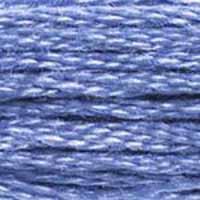 A close-up view of embroidery thread skeins, held taught horizontally. The shade is a pretty medium true blue, like a rich baby blue