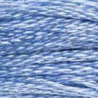 A close-up view of embroidery thread skeins, held taught horizontally. The shade is a pretty light true blue, similar to baby blue