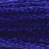 A close-up view of embroidery thread skeins, held taught horizontally. The shade is a deep rich beautiful blue, like a ripe concord grape