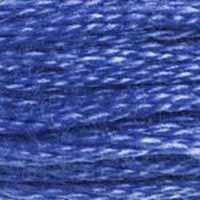 A close-up view of embroidery thread skeins, held taught horizontally. The shade is a lovely medium blue, like the twilight sky before the light fades completely 