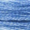 A close-up view of embroidery thread skeins, held taught horizontally. The shade is a lovely medium light blue, like sky as afternoon becomes evening