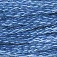 A close-up view of embroidery thread skeins, held taught horizontally. The shade is a medium true blue, very pretty, like the sky seen through bonfire smoke