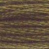 A close-up view of embroidery thread skeins, held taught horizontally. The shade is a medium greenish brown, like dried peat moss