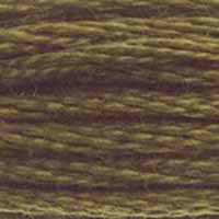 A close-up view of embroidery thread skeins, held taught horizontally. The shade is a medium greenish brown, like dried peat moss