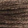 A close-up view of embroidery thread skeins, held taught horizontally. The shade is a medium dark muddy brown, like the bottom of a riverbed