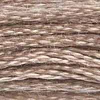 A close-up view of embroidery thread skeins, held taught horizontally. The shade is a medium brown like coffee with milk
