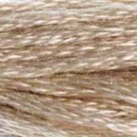 A close-up view of embroidery thread skeins, held taught horizontally. The shade is a lovely light brown like coffee with milk