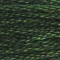 A close-up view of embroidery thread skeins, held taught horizontally. The shade is a very dark emerald green, like the scales of an anaconda.