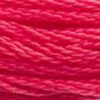 A close-up view of embroidery thread skeins, held taught horizontally. The shade is a medium dark reddish pink