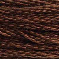 A close-up view of embroidery thread skeins, held taught horizontally. The shade is a dark true brown, just the colour of coffee