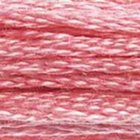 A close-up view of embroidery thread skeins, held taught horizontally. The shade is a beautiful medium pink with a hint of "dust", like a ball of pink cotton candy