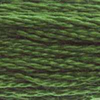 A close-up view of embroidery thread skeins, held taught horizontally. The shade is a medium dark grass green with just a touch of yellow, like algae on the surface of a stagnant pond