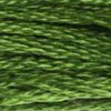 A close-up view of embroidery thread skeins, held taught horizontally. The shade is a medium grass green with just a touch of yellow, like the skin of a ripe lime