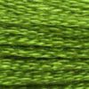 A close-up view of embroidery thread skeins, held taught horizontally. The shade is a medium bright green with just a touch of yellow, like a wheat-grass smoothie