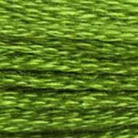 A close-up view of embroidery thread skeins, held taught horizontally. The shade is a medium bright green with just a touch of yellow, like a wheat-grass smoothie