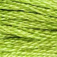 A close-up view of embroidery thread skeins, held taught horizontally. The shade is a pretty bright green with just a touch of yellow. One of my personal favourites!