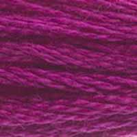 A close-up view of embroidery thread skeins, held taught horizontally. The shade is a pretty medium pinkish purple, like fresh grape jelly