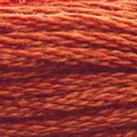 A close-up view of embroidery thread skeins, held taught horizontally. The shade is a medium brick reddish orange, like the pelt of a fox