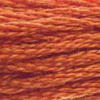 A close-up view of embroidery thread skeins, held taught horizontally. The shade is a pretty medium light reddish orange, like rust on an old pail