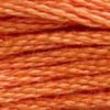  A close-up view of embroidery thread skeins, held taught horizontally. The shade is a light reddish orange, like a new penny
