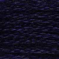A close-up view of embroidery thread skeins, held taught horizontally. The shade is a deep dark navy blue, like the sky behind stars just after sunset