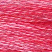 A close-up view of embroidery thread skeins, held taught horizontally. The shade is a lovely medium bright pink, like the fringes of a sunset.