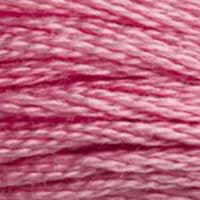 A close-up view of embroidery thread skeins, held taught horizontally. The shade is a medium bright pink, like a stick of fancy bubblegum.